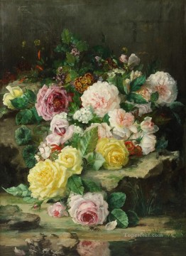 古典的な花 Painting - ピンク 白 黄色のバラの開花